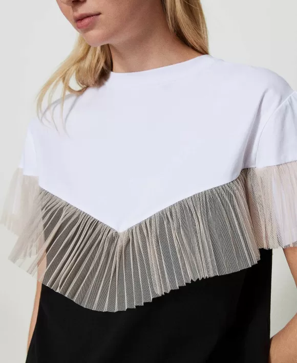 TWINSET Milano T-Shirt Bicolore Con Balza In Tulle Nero Outlet