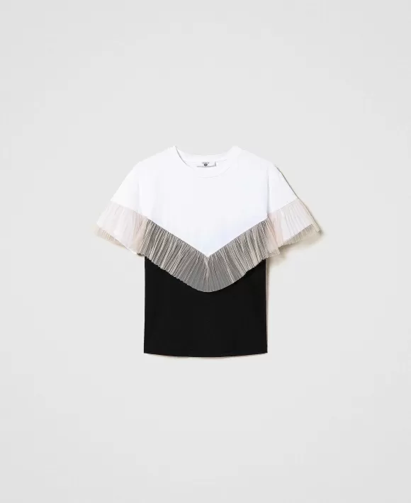 TWINSET Milano T-Shirt Bicolore Con Balza In Tulle Nero Outlet