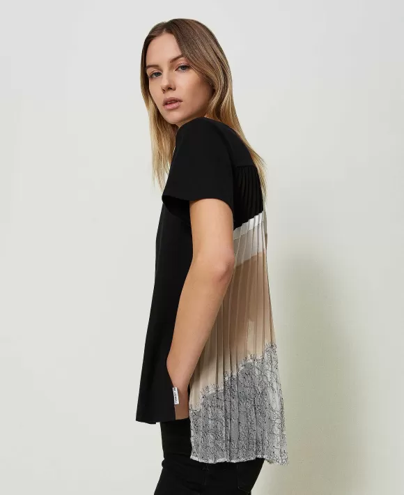 TWINSET Milano T-Shirt Con Balze Pliss E Pizzo Nero Cheap