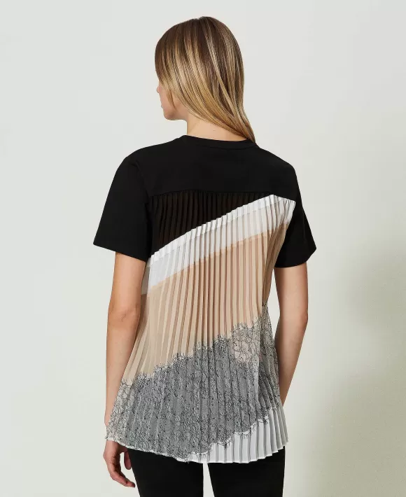 TWINSET Milano T-Shirt Con Balze Pliss E Pizzo Nero Cheap
