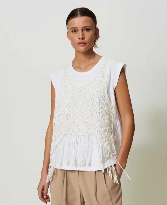 TWINSET Milano T-Shirt Con Macram E Frange Bianco Outlet