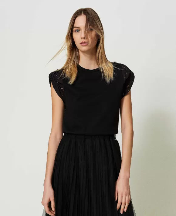 TWINSET Milano T-Shirt Con Maniche In Popeline Sangallo Nero Sale