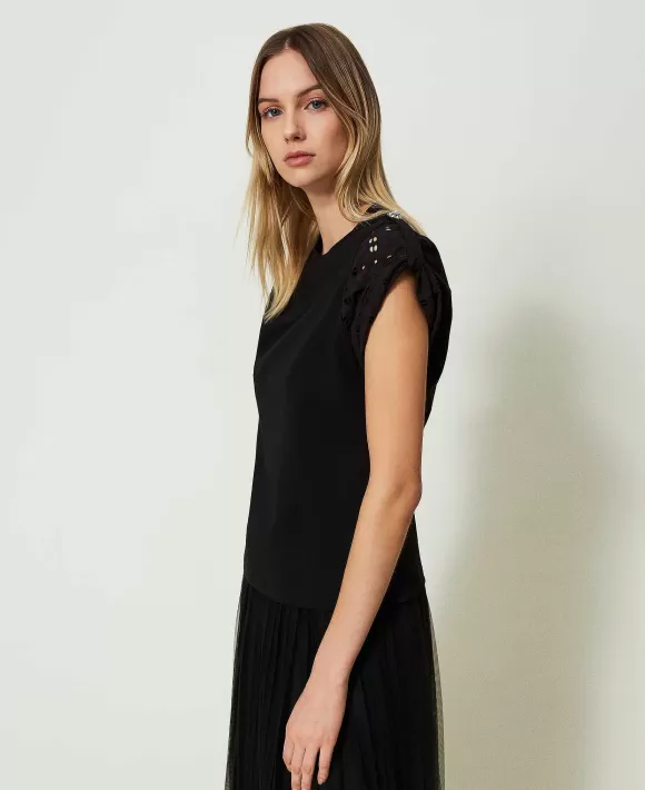 TWINSET Milano T-Shirt Con Maniche In Popeline Sangallo Nero Sale