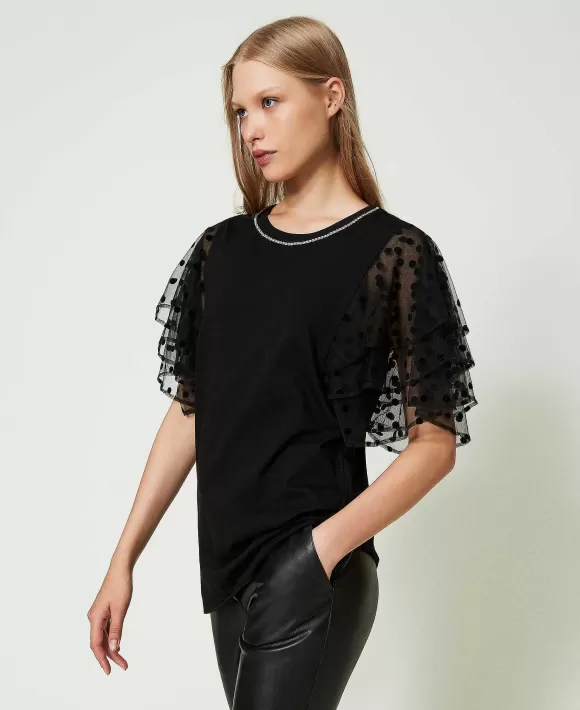 TWINSET Milano T-Shirt Con Maniche In Tulle Nero Shop