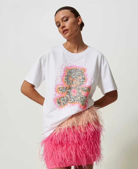 TWINSET Milano T-Shirt Over Myfo Con Grafica E Paillettes Bianco Flash Sale
