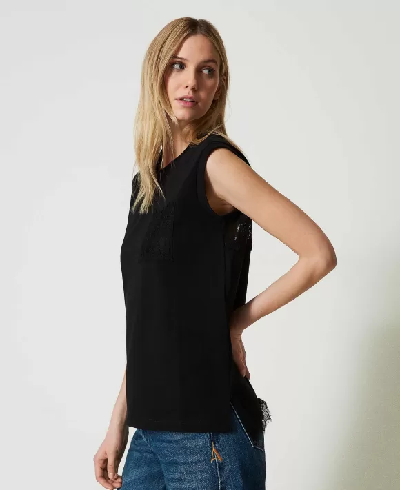TWINSET Milano T-Shirt Regular Con Pizzo Nero Sale