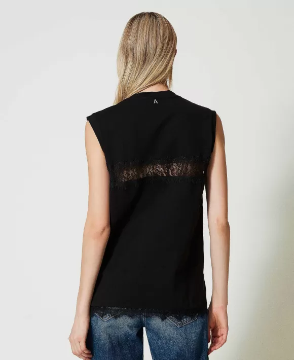 TWINSET Milano T-Shirt Regular Con Pizzo Nero Sale